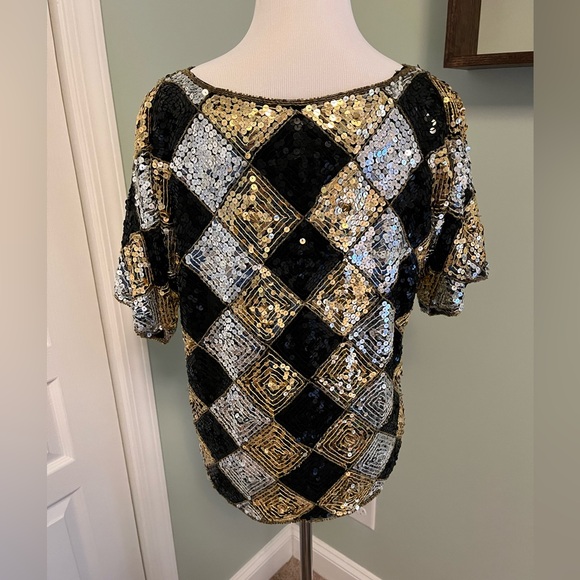 Vintage Gold Silver Black Sequin Checker Blouse Top Medium - Picture 3 of 9